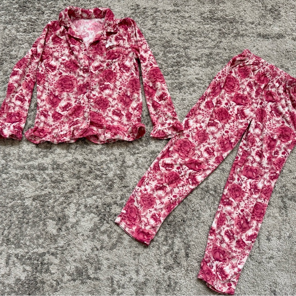 Betsey Johnson Girls Floral Fleece Pajama Set Pink Button Top Size 10